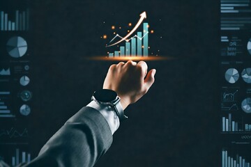 A person wearing a smartwatch points at a digital graph displaying an upward trend on a screen, surrounded by smaller charts and statistics.