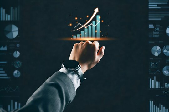 A person wearing a smartwatch points at a digital graph displaying an upward trend on a screen, surrounded by smaller charts and statistics.
