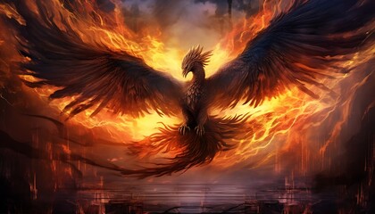 Fototapeta premium A stunning depiction of a phoenix soaring through the sky, showcasing its vibrant flames and majestic wings against a dramatic backdrop