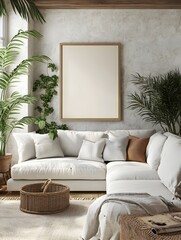 Mockup Frame in Farmhouse Living Room with Cozy Sectional Sofa Potted Plants and Natural Light  Countryside Comfort Design