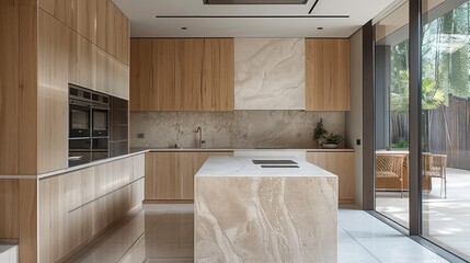 A kitchen with light gray and beige marble, stainless steel elements, wooden panels on the walls, ceiling in natural oak wood, white floor tiles, a modern minimalist style.