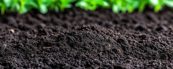Close-up of healthy dark soil with organic material, promoting soil fertility