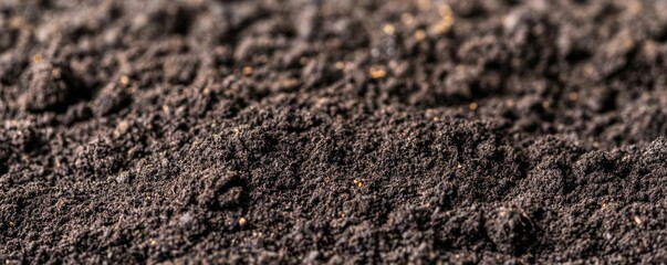 Close-up of healthy dark soil with organic material, promoting soil fertility