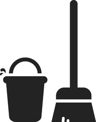 Isolated pictogram water bucket and mopping stick icon for safety sign cleaning in progress, janitor, slippery when wet, caution wet floor, fall hazard	