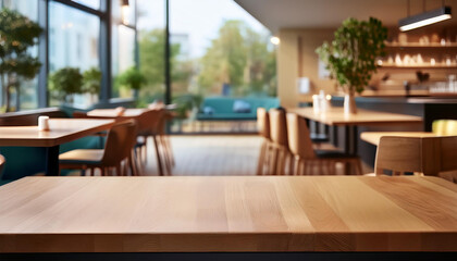 Fototapeta premium view of a wooden table on the terrace of a bar