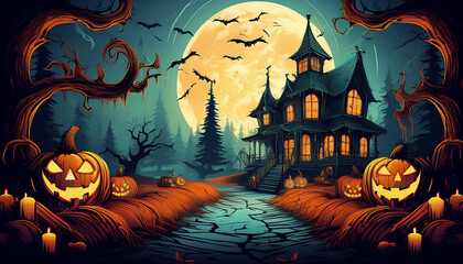 Halloween haunted landscape illustration