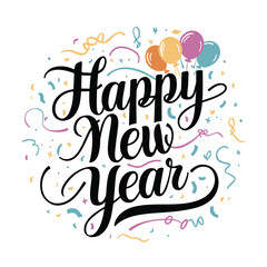 Festive Happy New Year Typography Design with Balloons and Confetti. A vibrant and celebratory graphic design featuring the phrase "Happy New Year" in a bold, handwritten-style font