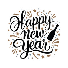 Festive Happy New Year Design with Champagne Bottle. A circular design featuring the text "Happy New Year" in a bold, handwritten style