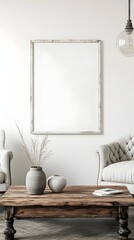 Mockup frame showcased in a farmhouse inspired living room interior featuring distressed wood coffee table tufted linen armchair vintage globe light fixture and other refined