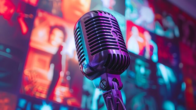 Podcast microphone setup in creative studio with popular movie or TV show poster background illustrating vibrant pop culture podcast environment for modern multimedia content creation