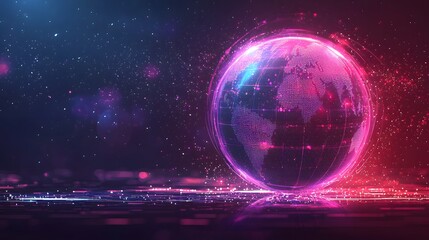 Fototapeta premium Luminous globe composed of digital elements, set against a dark background. It sparkles with vibrant colors, suggesting a futuristic, ethereal atmosphere. AI Power Concept AI Power Concept