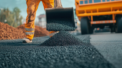 construction worker is pouring recycled asphalt onto road, showcasing process of road construction. scene highlights importance of sustainable materials in infrastructure development