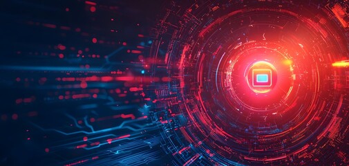 Fototapeta premium A glowing circular AI security system showcases a futuristic design with vibrant red and blue hues. Its background is a solid, dark backdrop enhancing its technological vibe. AI Power Concept