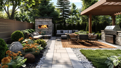 Obraz premium Backyard landscape design with outdoor living feature like an outdoor kitchen.