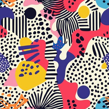Vibrant Memphis Pattern with Playful Shapes and Intricate Details in Warm and Cool Colors for Visual Interest