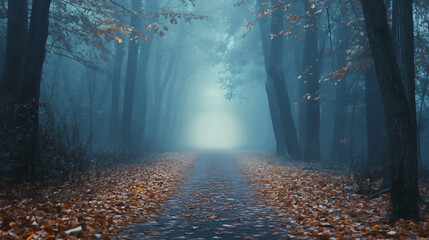 Fototapeta premium mystical foggy forest path with autumn leaves and tall trees