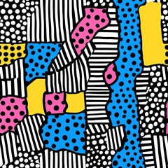 Vibrant Memphis Pattern with Whimsical Lines, Polka Dots, and Contrasting Colors for Lively Atmosphere