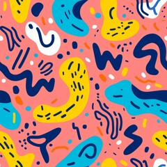 Naklejka premium Vibrant Memphis-Inspired Design with Playful Squiggles and Lively Colors Sparks Joyful Energy
