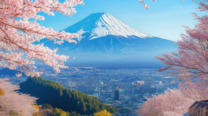 Beautiful view of Mount Fuji with cherry blossoms in the foreground
