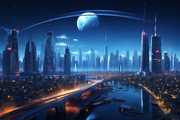 Fototapeta premium Amazing futuristic city skyline with tall buildings and a reflecting pool in the foreground
