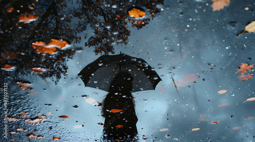 Wall mural shadow from an umbrella on water, seen in reflection and refraction, with raindrops creating ripples