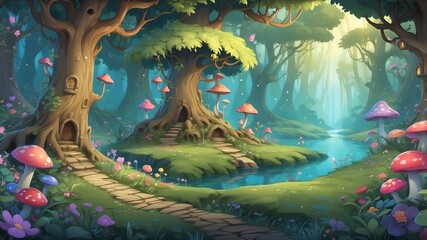 Fototapeta premium Enchanted Fairy Tale Forest Cartoon Background Design