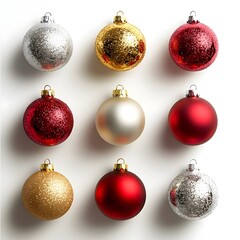 A Collection of Shimmering Christmas Tree Ornaments in Red,Gold,and Silver Tones
