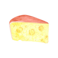 Hand drawn watercolor piece of cheese isolated on white background. Can be used for postcard, label, scrapbook and other printed products.