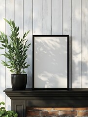 Pastoral farmhouse interior with whitewashed wood paneling and potted greenery showcasing a sleek modern black frame resting on the mantelpiece in a dramatic studio lighting setting