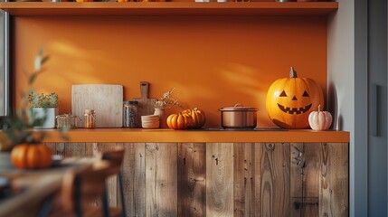 A luxury minimal modern orange and wood kitchen elegantly decorated with some pumpkins.