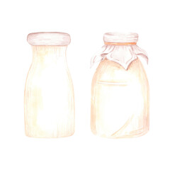 Hand drawn watercolor bottles of milk isolated on white background. Can be used for postcard, label, scrapbook and other printed products.