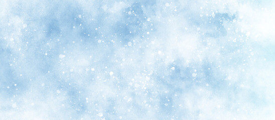 Soft and shiny bokeh is falling randomly on clouds texture, blue grunge texture with bokeh, beautiful blue watercolor background with glitter particles, light blue bokeh background for design.