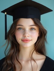 20 year old girl, exquisite facial features, wearing baccalaureate gown and mortarboard, light-blue background
