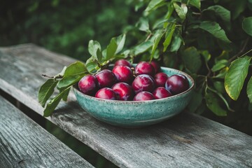 Garden plums in bowl on wooden table, ai