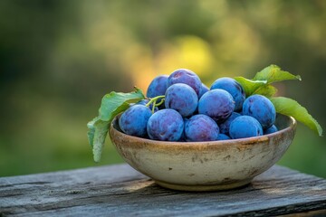 Garden plums in bowl on wooden table, ai