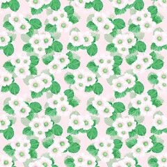Hand drawn watercolor strawberry blossom with green leaves seamless pattern isolated on pink background. Can be used for textile, fabric and other printed products.