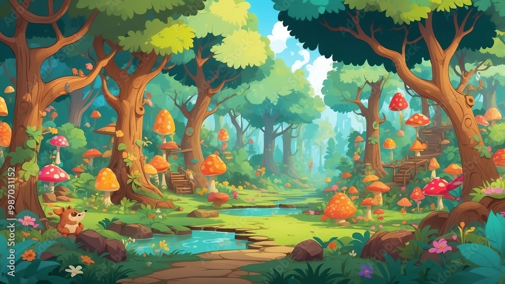 Wall mural lively forest festival cartoon background design