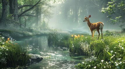 Graceful Deer by Forest Stream with Morning Mist and Wildflowers