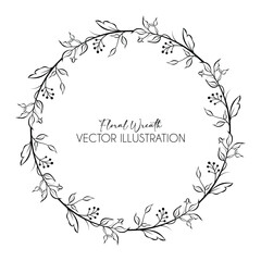 Hand drawn vector frame. Floral wreath with leaves for wedding and holiday. Decorative elements for design. Isolated