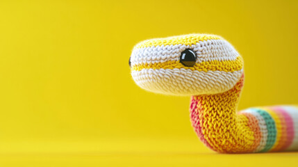 Fototapeta premium Colorful knitted snake toy on a bright yellow background, perfect for children's decor or playful designs.