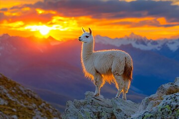 Fototapeta premium A llama standing on top of a mountain at sunset