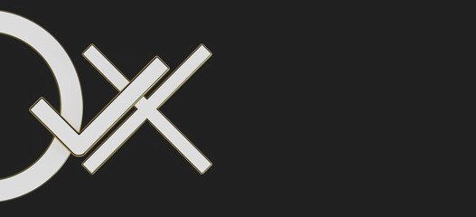 Confirm and cancel symbol in gold color, black background. 3d rendering on the theme of luxury, work, business, background, presentation.