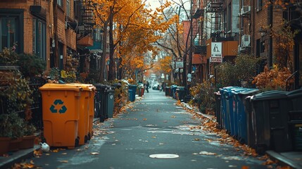 Fototapeta premium Urban Street with Recycling Bins in Autumn