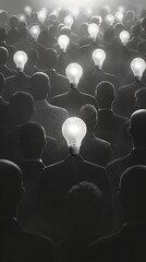 Obraz premium concept of idea in a sea of people illuminated by light bulbs