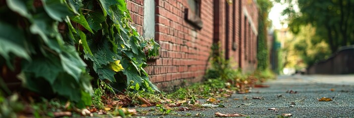  A brick wall adjacent to a sidewalk, adorned with autumn leaves, and verdant grass ascending its surface
