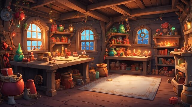 santas secret workshop cartoon background design