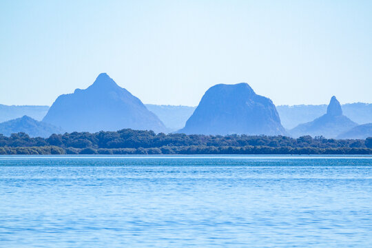 Pumicestone Passage, with the Glass House Mountains in the background.