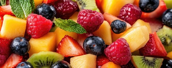 Obraz premium Bright and colorful assortment of fresh fruits including kiwi, raspberry, blackberry, and mango, perfect for healthy eating.