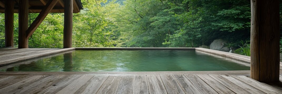  A wooden-decked area featuring a pool, framed by a wooded view in the distance