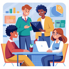 Lecturer Helps Scholar with Project, Advising on Their Work. Teacher Giving Lesson to Diverse Multiethnic Group of Female and Male Students in College. Line Art Vector Illustration